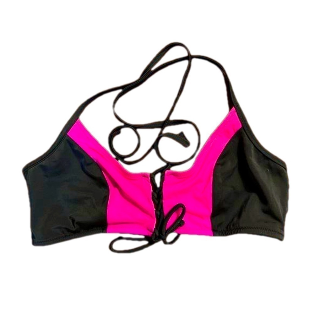 Victoria’s Secret PINK Hot Pink and Black Lace Up Bikini Top Size L